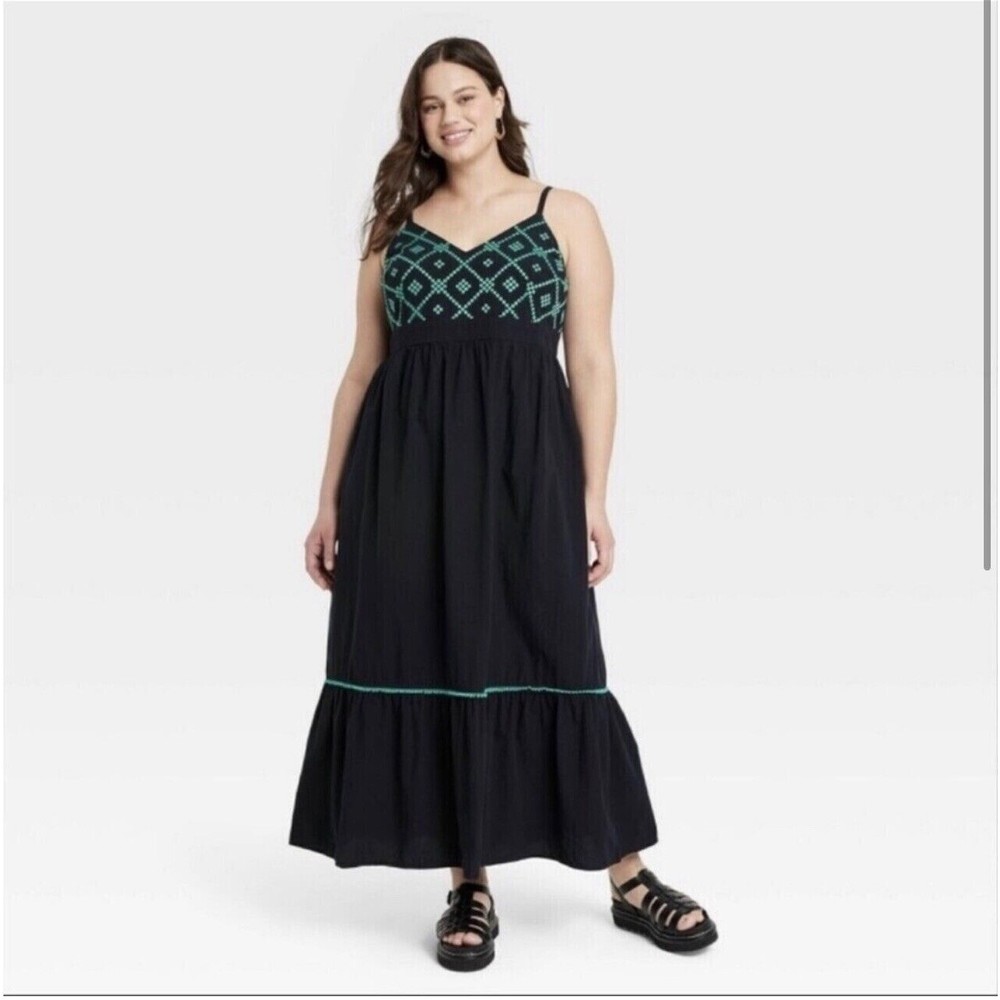 Ava & Viv Black Embroidered Maxi Dress Adjustable Straps Women Plus‎ 1X